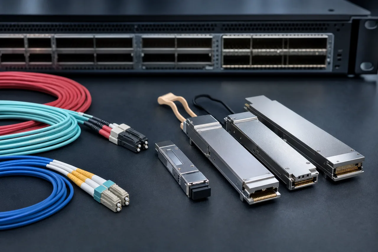 Optical transceiver modules in SFP, QSFP and OSFP form factors arranged beside fibre patch cables and a data centre switch